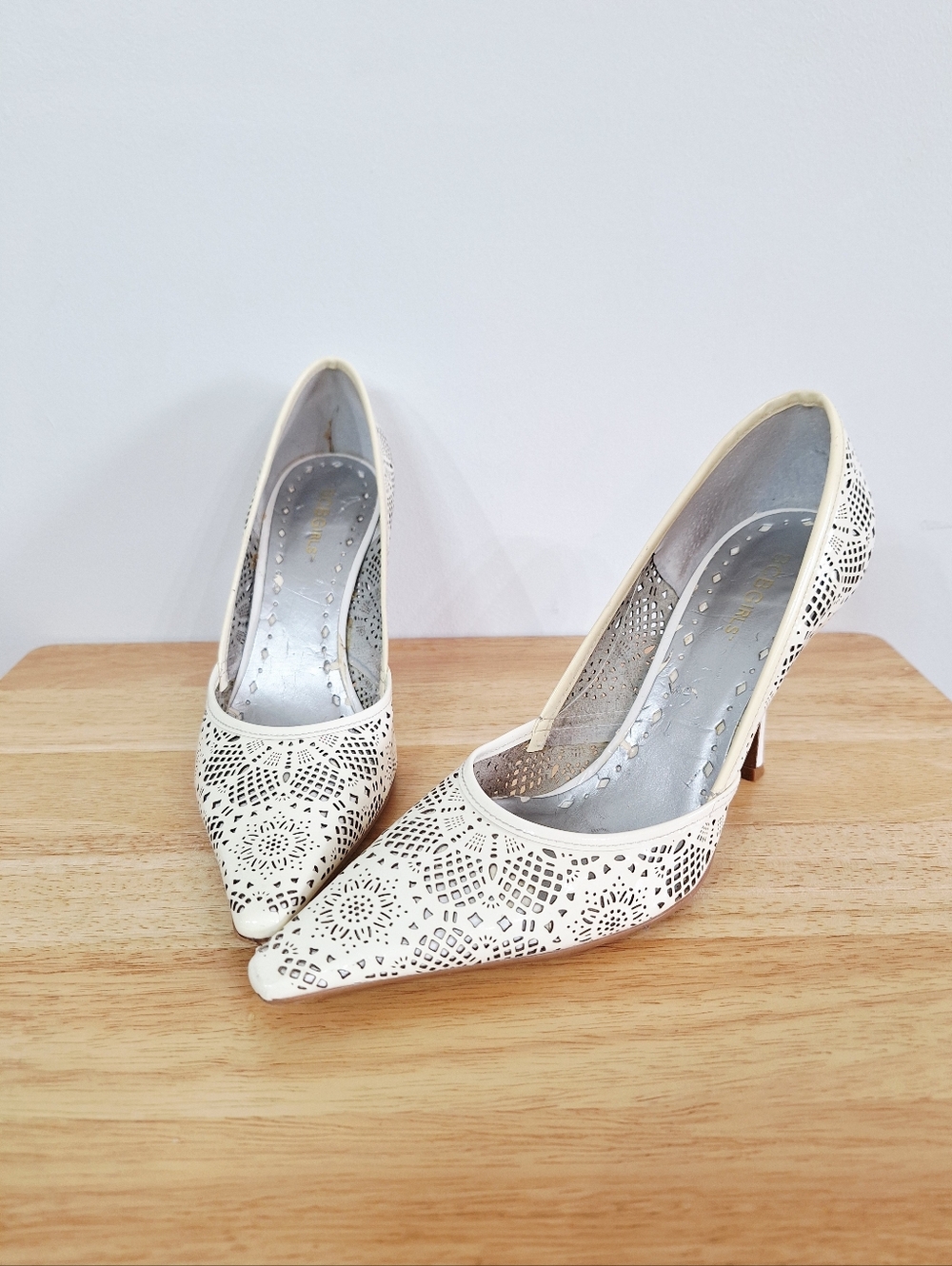 BCBG Cream Laser Cut Heels - Size 9.5